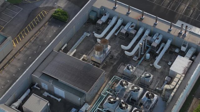 Melbourne, VIC, Australia - 03 September 2026: Aerial view of the Knox Data Centre rooftop featuring industrial HVAC cooling towers and ventilation systems.