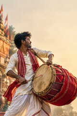 Obraz premium Bengali Dhak Player Performing During Durga Puja Celebration