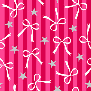Ribbon bow with silver star seamless red striped pattern design for Christmas and new year background.