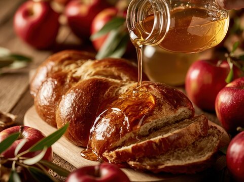 Honey pouring from a jar onto sliced challah bread with apples