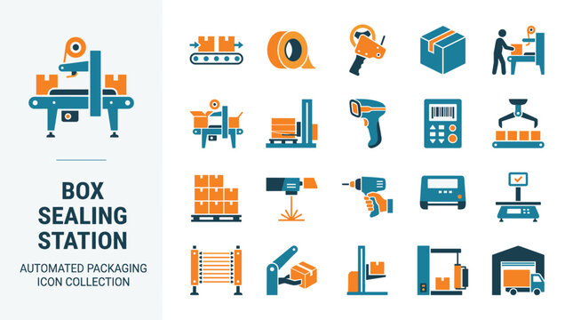 Automated Packaging Icon Collection Conveyor Belt Sealing Station Boxes Scanner Scale and Warehouse