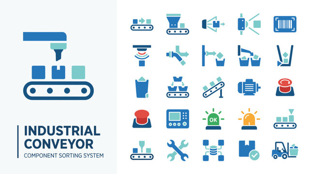 Industrial Conveyor System Icons Automation Sorting Logistics and Control Elements