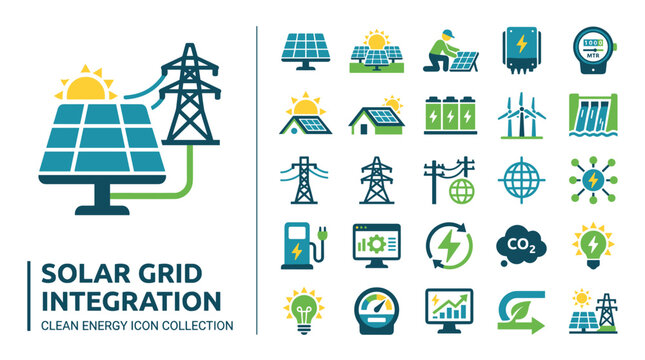 Clean Energy Icon Collection for Solar Grid Integration with Renewable Energy Sources