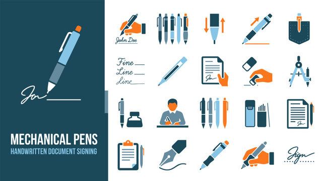 Collection of Mechanical Pens and Document Signing Icons for Business and Legal Use