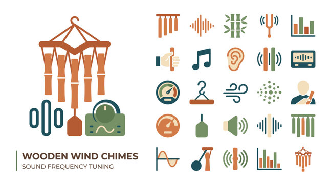 Wooden Wind Chimes and Sound Frequency Tuning Icons Set