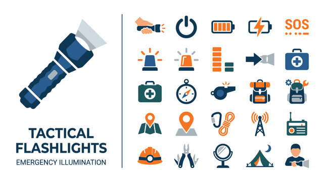 Tactical Flashlights and Emergency Illumination Gear Icons Set
