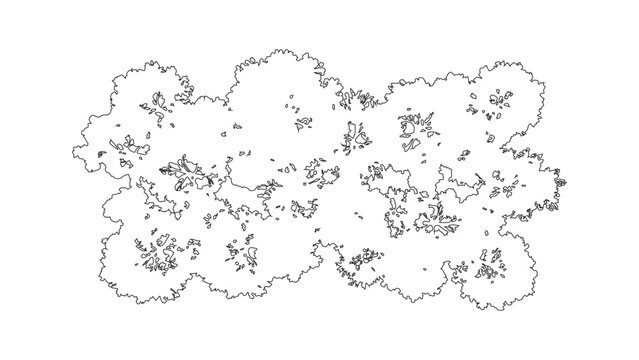 A collection of tree top view symbols for architectural and landscape design plans. Black and white line drawing illustrations for mapping and site plans