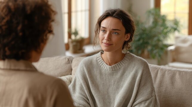 A professional counselor meets with a young adult woman for a therapy session in a cozy living room. They engage in a supportive discussion with natural light coming through the window