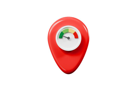 3d location pin with gauge icon. location tracking concept. minimal cartoon map marker and status meter for navigation app. isolated on white transparent background. 3d render.