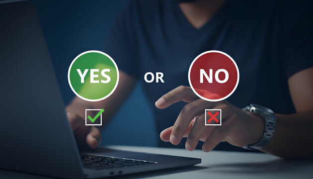 Man making a decision with yes or no options on a laptop screen