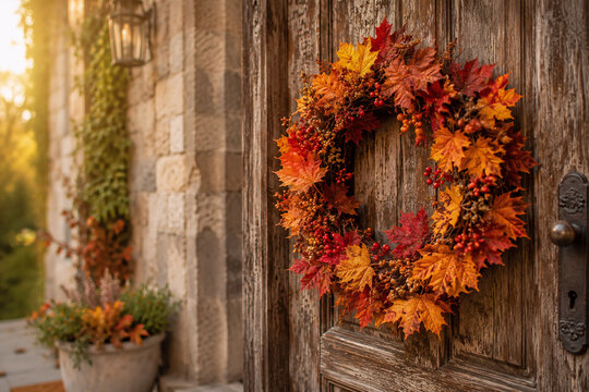 Herbstkranz aus bunten Bl&auml;ttern und Beeren an rustikaler Holzt&uuml;r