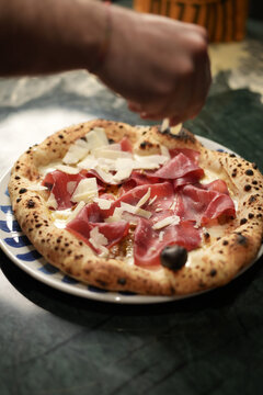 Neapolitan Pizza with Bresaola Mozzarella and Shaved Parmesan Close Up
