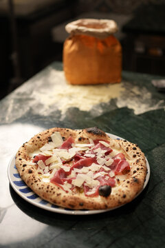Neapolitan Pizza with Bresaola Mozzarella and Shaved Parmesan Close Up