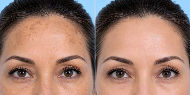 Forehead hyperpigmentation and sun spots reduction before and after skincare comparison