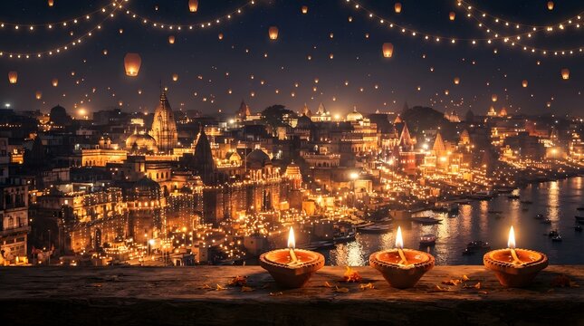 Panoramic view of varanasi ghats illuminated with thousands of diyas and floating lanterns during diwali festival celebration at night