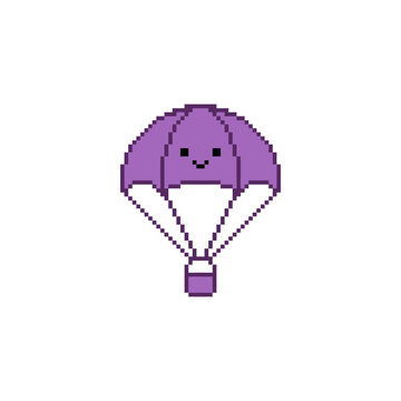 Purple pixel art parachute character.