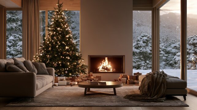 Cozy modern living room with warm fireplace, decorated christmas tree, large window, snowy winter landscape, festive holiday home interior, comfortable seasonal decor and peaceful christmas atmosphere