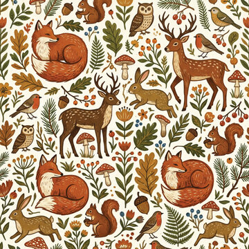 Rustic folk animals and botanical seamless vintage pattern 5000x5000 300DPI generative AI concept art illustration
