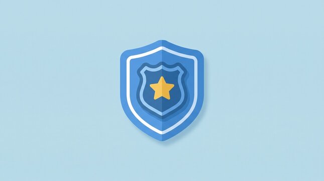 Police badge and protective shield isolated on pastel background, flat law enforcement and security concept
