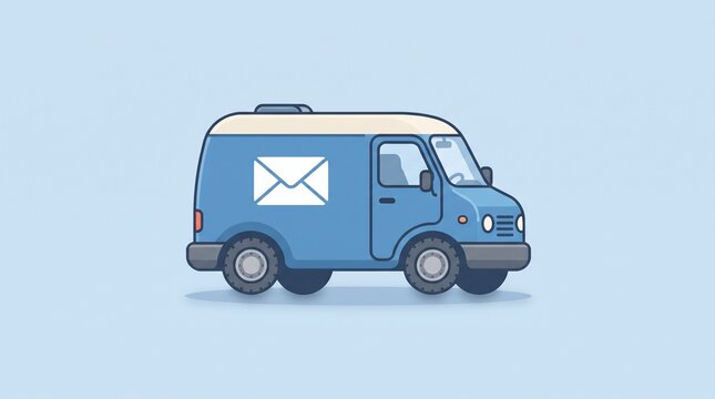Postal delivery van with envelope symbol isolated on pastel blue background, flat mail transport service icon