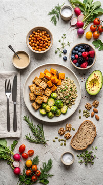 Elegant minimalist vegan food flat lay arranged with seasonal vegetables, chickpeas, tofu, avocado, berries, nuts, grains and fresh herbs on a neutral stone surface, World Vegan Day
