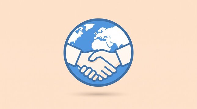 Globe with handshake symbol isolated on pastel background, flat international diplomacy and global cooperation concept