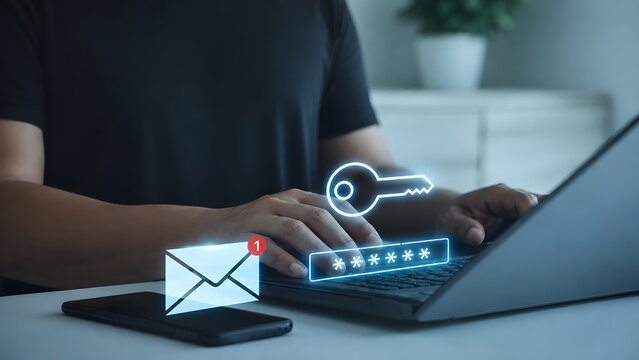 Multi-factor authentication concept. Man typing password on laptop to protect data account on internet with email message icon on mobile smartphone. cyber security in two-step verification.
