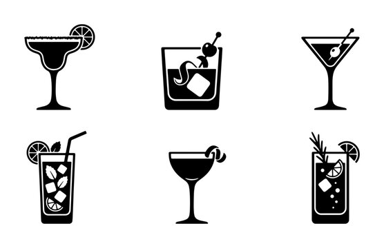 Cocktail Icons Set: Refreshing Drinks, Barware Graphics, Party Beverages, 6 Vector Elements