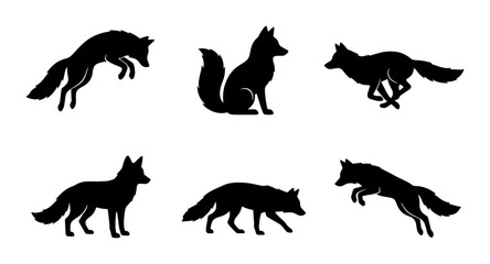 Obraz premium Black Fox Silhouettes Vector Set: Graceful Wildlife Poses for Nature Graphics, Animal Iconography, and Forest Themes