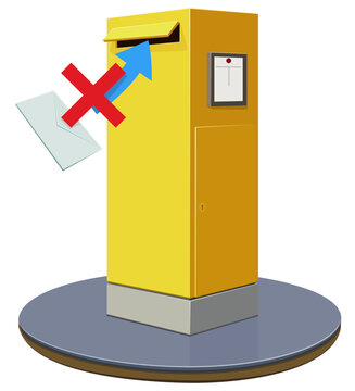 Modern yellow street mailbox pillar with rejected envelope and red X mark representing delivery failure, return to sender, and undelivered mail issues (cut out)