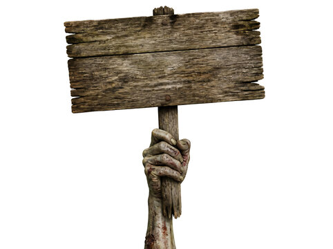 Zombie hand holding old wooden sign isolated on transparent background