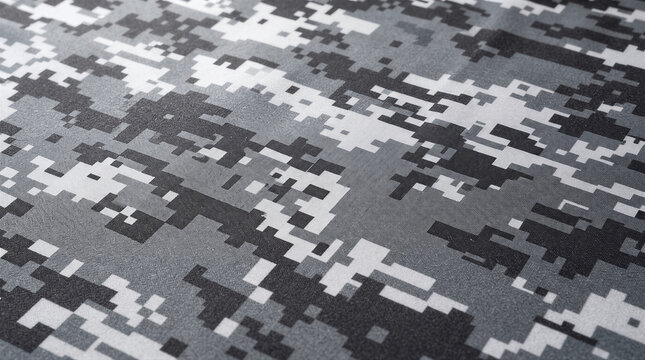 Digital camouflage pattern background, urban pixelated camo texture in shades of grey, black and white
