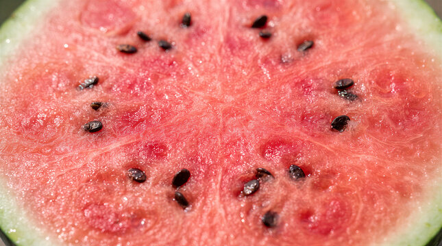 Closeup of a fresh, juicy watermelon slice with visible black seeds and vibrant red texture, perfect for summer food concepts