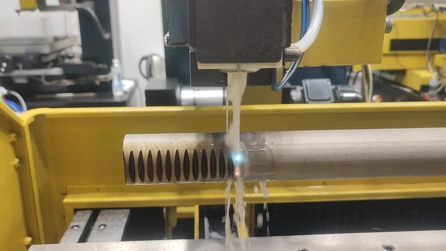 Wire-cut electrical discharge machine. Operation of wire-EDM machine cutting metal parts. Electrical discharge machine EDM cutting metal workpiece. Cutting process by wire cut machine.