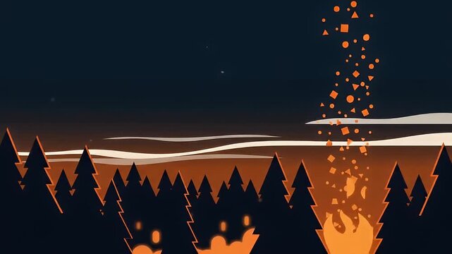 Stylized Forest Campfire Glowing with Rising Embers in Nighttime Animated Scene