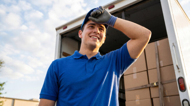 Young delivery man wiping sweat from forehead while standing in front of a truck loaded with cardboard boxes