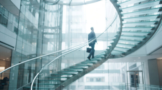 Business professional walking up a modern glass spiral staircase in a bright corporate office building atrium