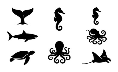 Fototapeta premium Oceanic Wildlife Silhouettes: Shark, Whale Tail, Octopus, Seahorse, Turtle, Manta Ray Vector Icons