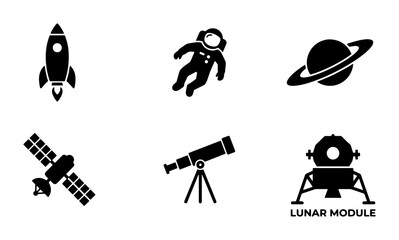 Space Icons: Rocket, Astronaut, Saturn, Satellite, Telescope, Lunar Module Vector Set © Mitu