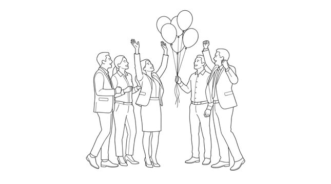 Black and white line art illustration of a group of diverse people standing together in unity, community cooperation, social harmony, teamwork