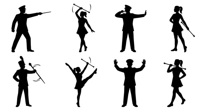 Set of silhouettes of marching band members and majorettes performing, musical performance, parade entertainment, baton twirling, rhythmic movement