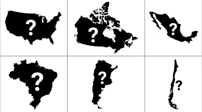 Set of black silhouette country maps with white question mark icons representing unknown geography, international travel trivia, and location