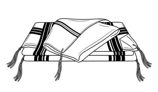 Traditional black and white striped tallit prayer shawl with tzitzit Jewish religious vector illustration