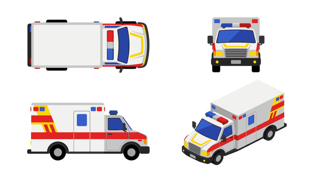Isolated ambulance vehicle set in multiple perspectives including top, front, side, and isometric views for medical emergency and rescue service