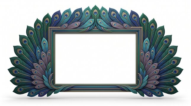 Ornate peacock feather picture frame with elegant teal and blue plumage. Decorative bird feather border for luxury wedding invitations. Artistic peacock tail plumage frame on white background.
