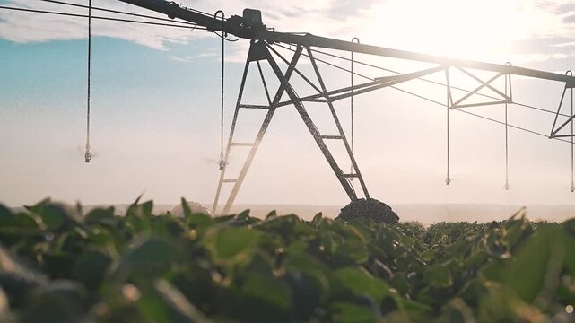 Pivot irrigation system sprays water over soybean field at sunset. Farm sprinkler tower waters crop. Agricultural pivot irrigates field. Irrigation equipment sprays soybean plants at dusk.