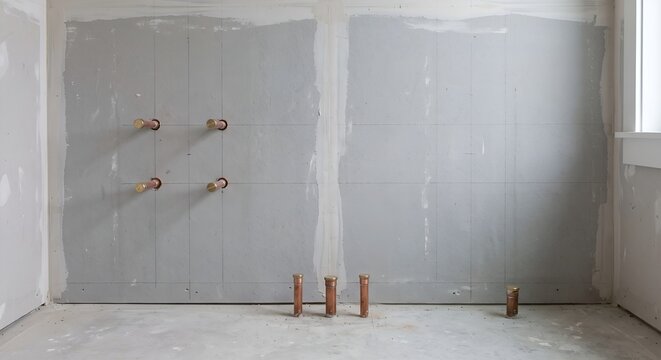 Capped copper first fix pipe stubs on a plastered bathroom wall before installation