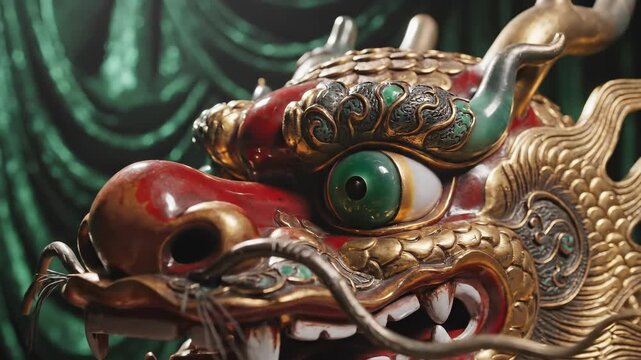 Close up zoom on detailed gold and red chinese dragon head statue against blurred green velvet curtain background, concept of traditional lunar new year celebration