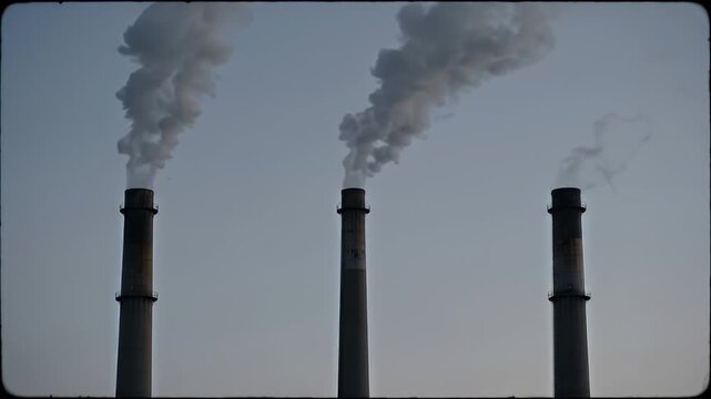 Tall Industrial Smokestacks Emitting Smoke Plumes under Overcast Sky