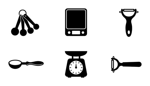 Kitchen Utensil Icons: Measuring Spoons, Digital Scale, Peeler, Analog Scale, Baking Tools, Cooking Gadgets, Vector Set